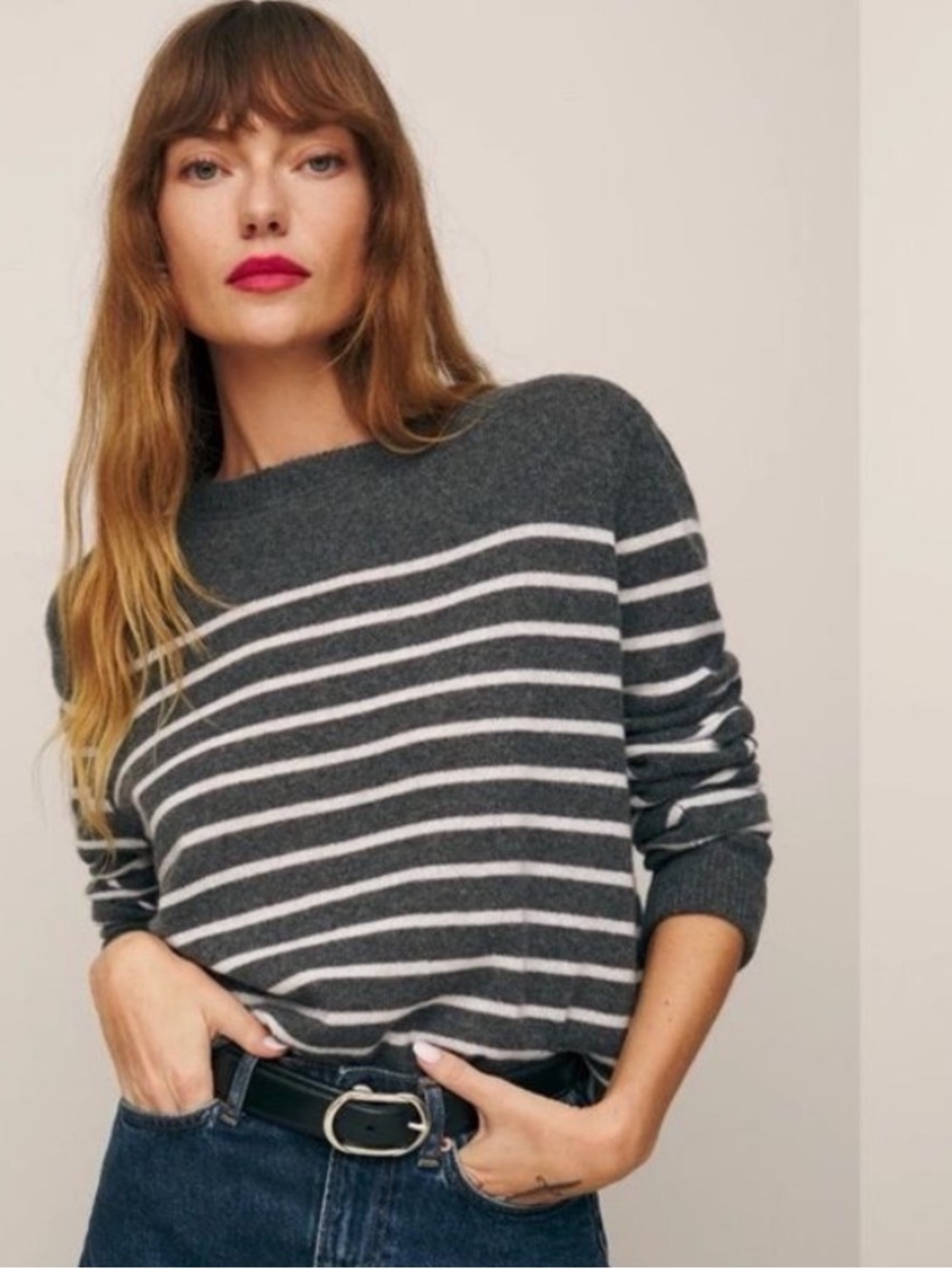 Reformation 100% Cashmere Boyfriend Sweater Grey White Striped Kitten Soft XS